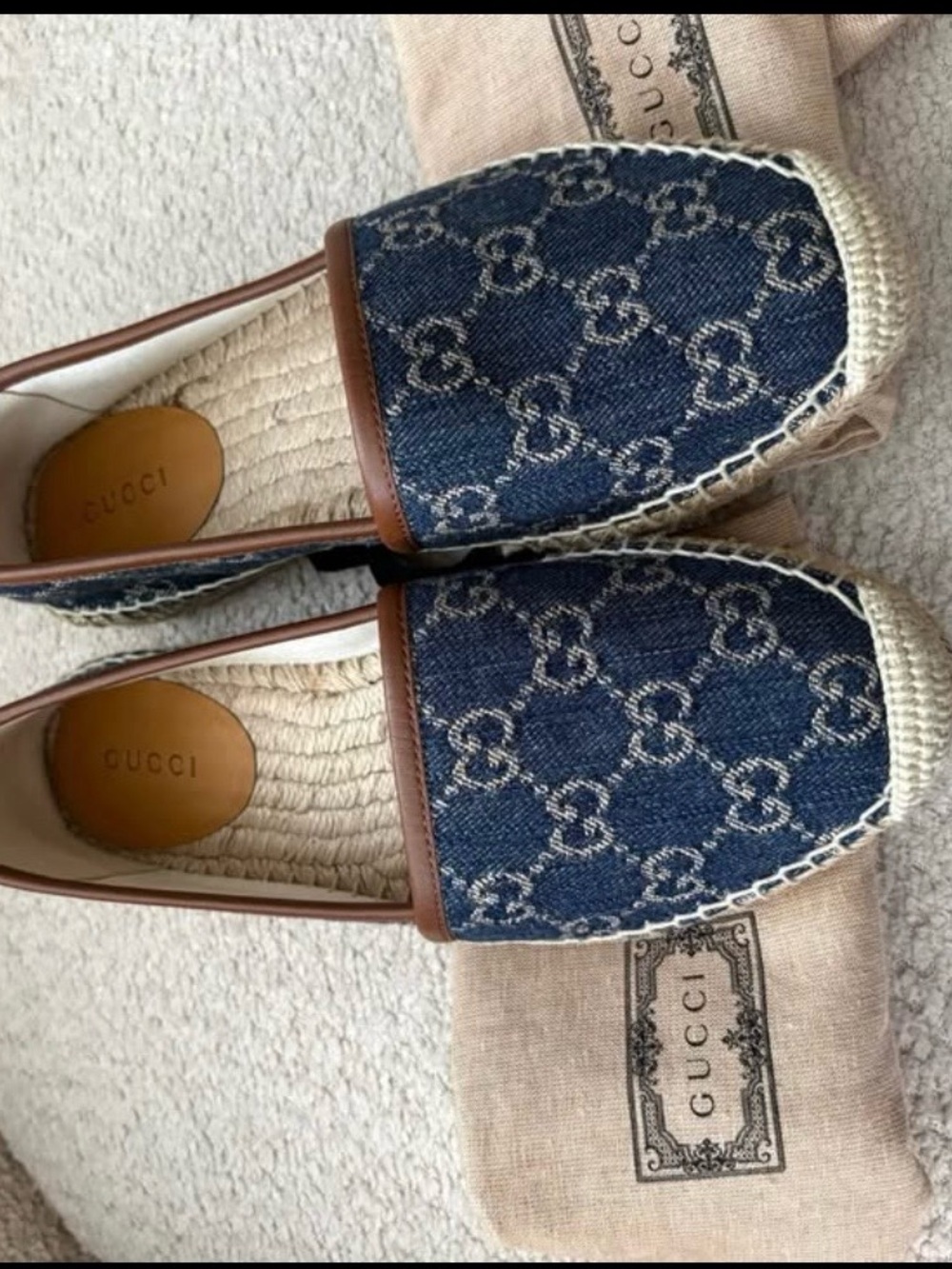 Gucci Denim Monogram Espadrille Flats with Brown Trim